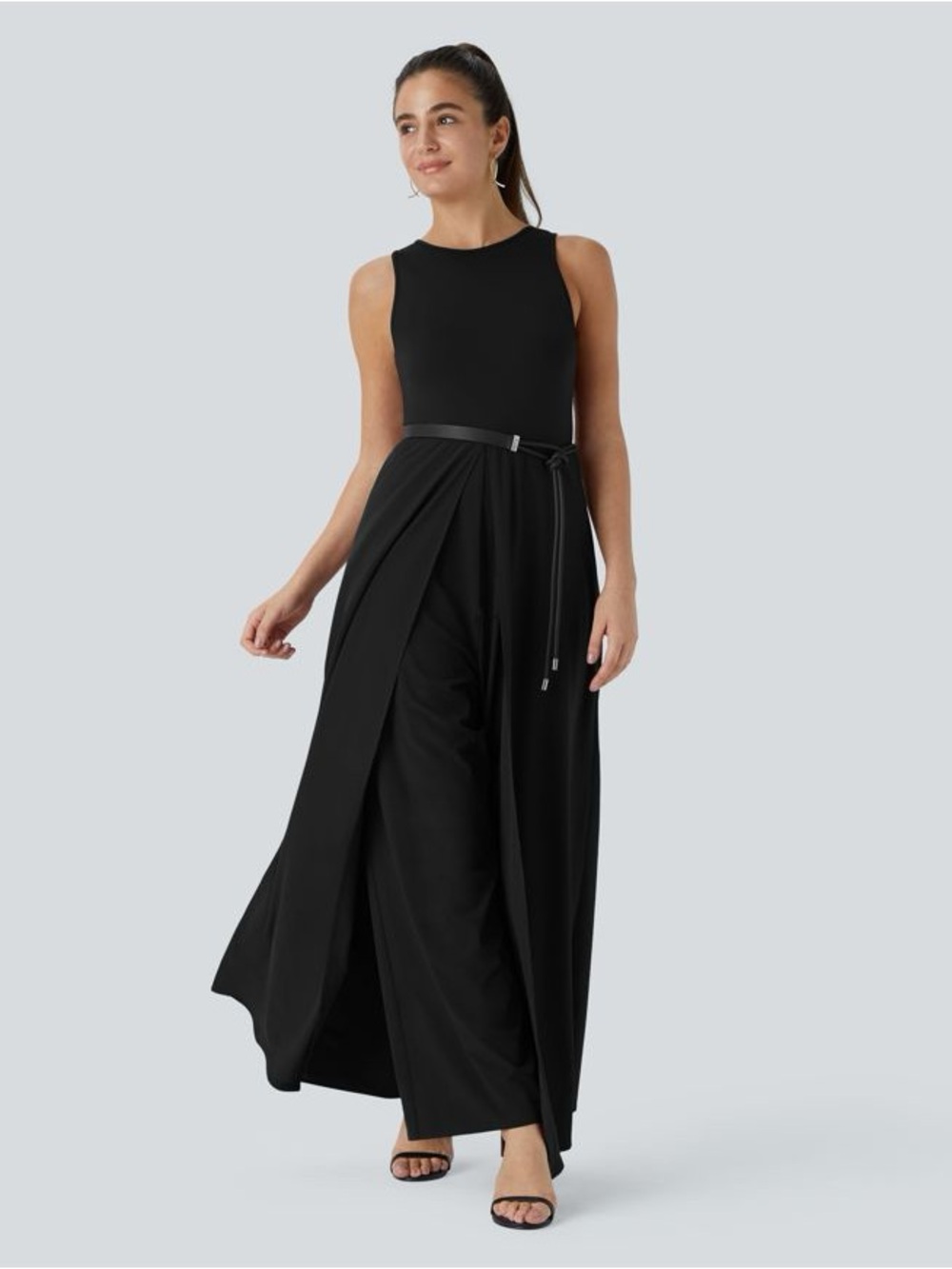 New  Halara Breezeful Wide Leg Jumpsuit Black Sleeveless Maxi Overlay Xl Dress